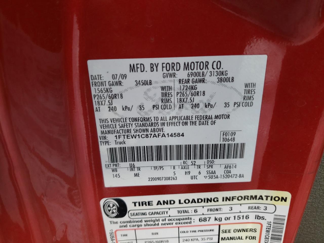 Photo 10 from auction – 2010 FORD F150 SUPER with VIN 1FTEW1C87AFA14584