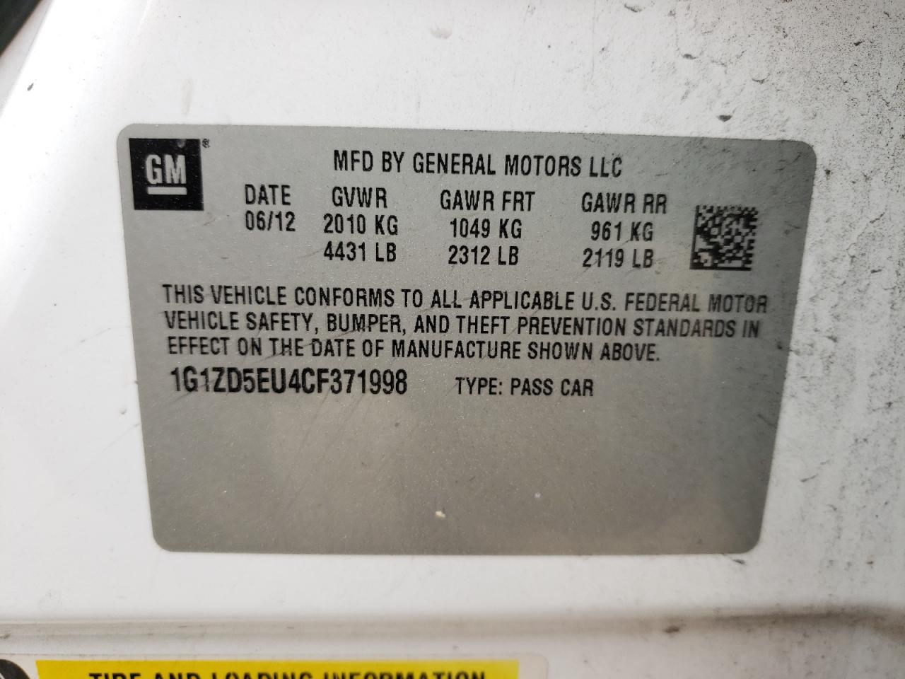 Photo 10 from auction – 2012 CHEVROLET MALIBU 2LT with VIN 1G1ZD5EU4CF371998