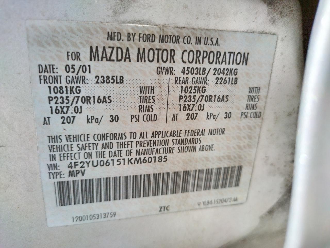 Photo 10 from auction – 2001 MAZDA TRIBUTE DX with VIN 4F2YU06151KM60185