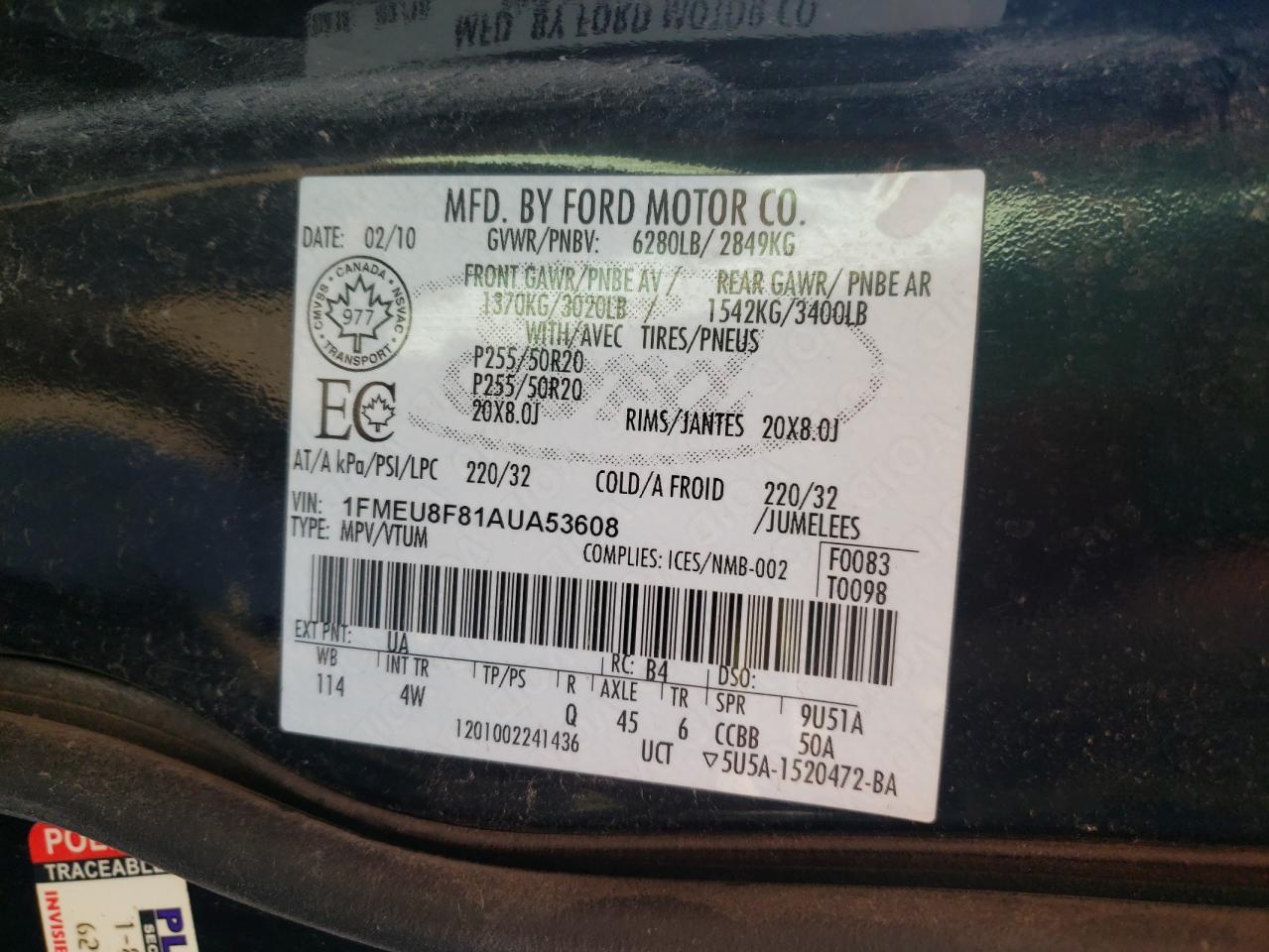 Photo 10 from auction – 2010 FORD EXPLORER L with VIN 1FMEU8F81AUA53608