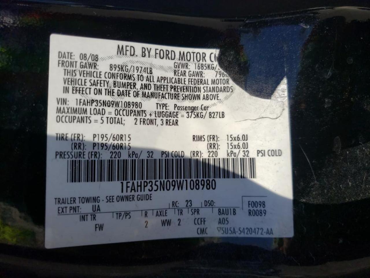 Photo 10 from auction – 2009 FORD FOCUS SE with VIN 1FAHP35N09W108980
