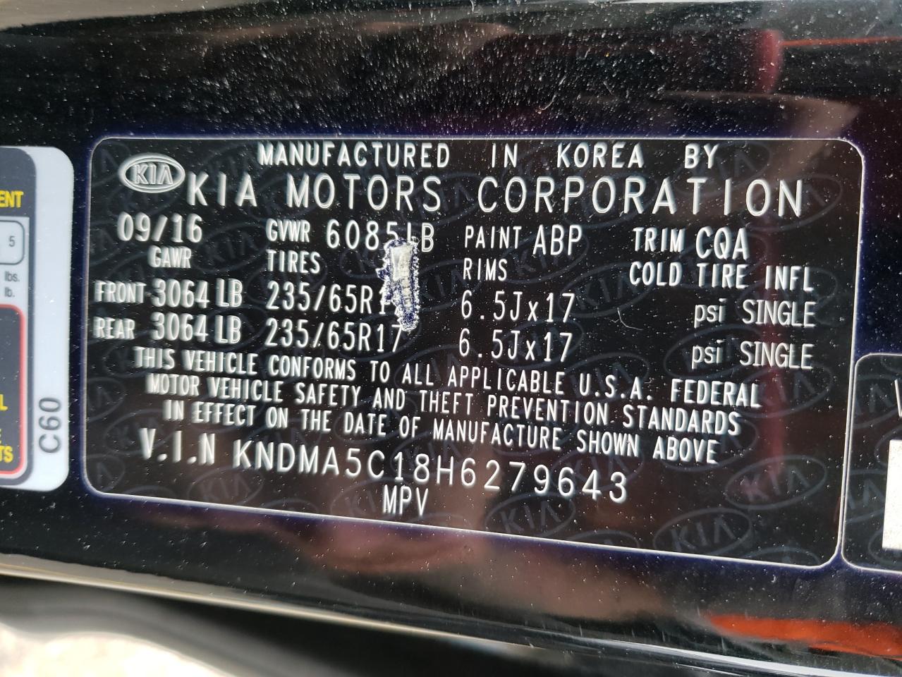 Photo 10 from auction – 2017 KIA SEDONA L with VIN KNDMA5C18H6279643