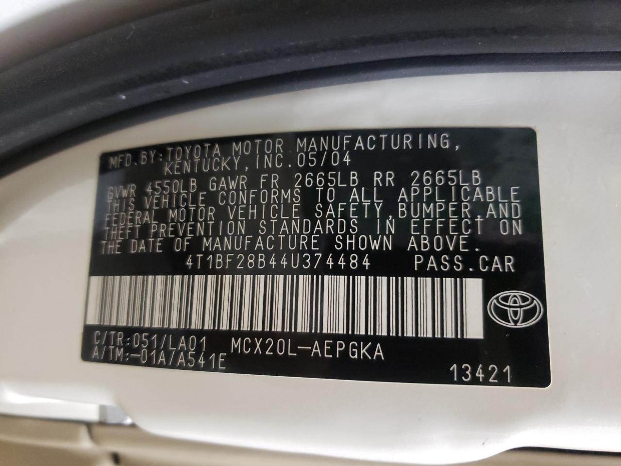Photo 10 from auction – 2004 TOYOTA AVALON XL with VIN 4T1BF28B44U374484
