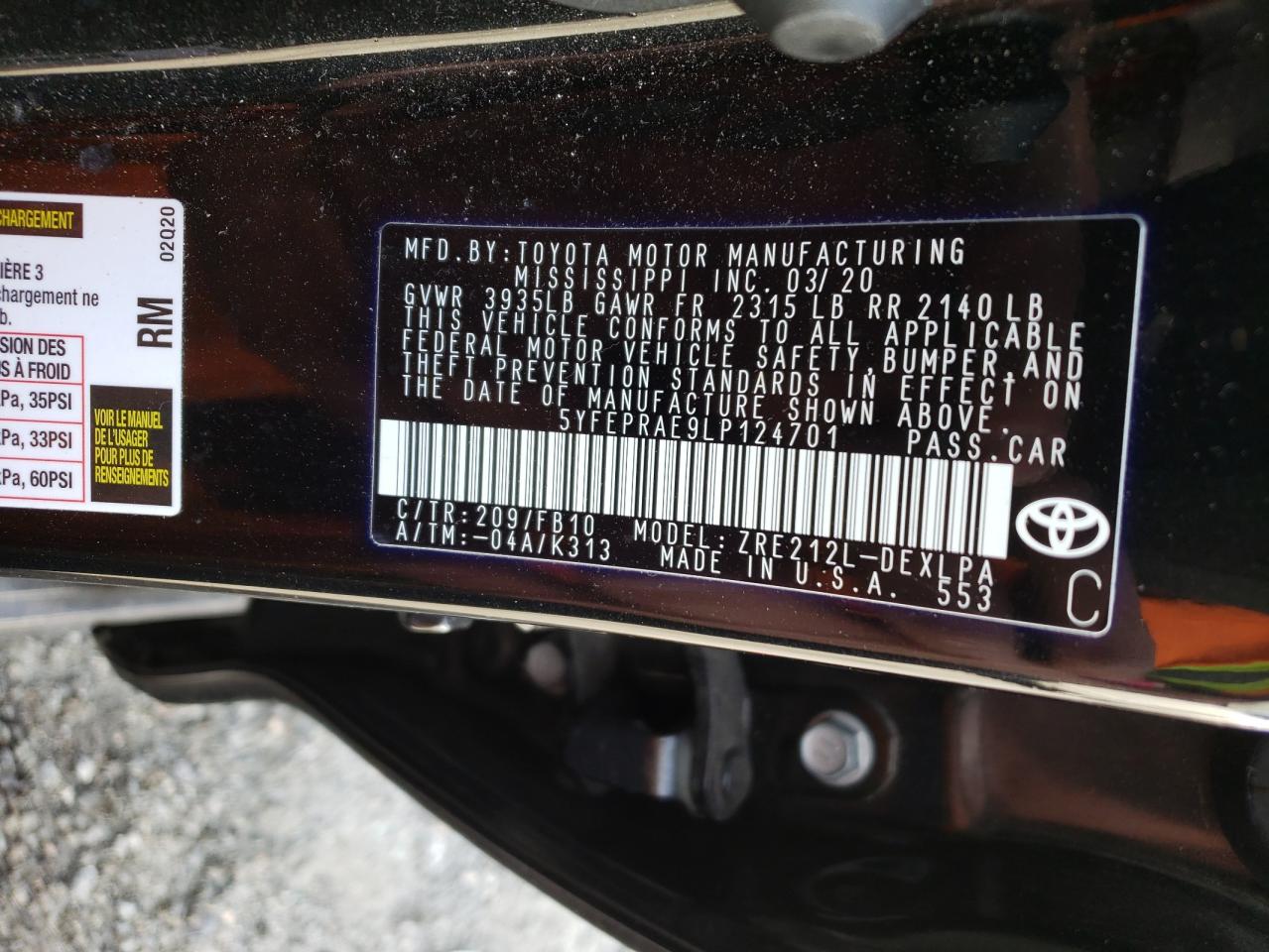 Photo 10 from auction – 2020 TOYOTA COROLLA LE with VIN 5YFEPRAE9LP124701
