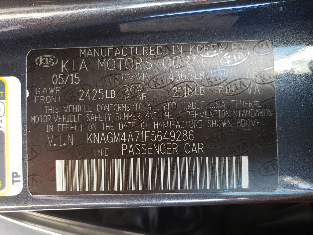 Photo 11 from auction – 2015 KIA OPTIMA LX with VIN KNAGM4A71F5649286