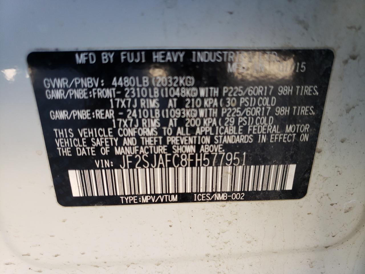 Photo 10 from auction – 2015 SUBARU FORESTER 2 with VIN JF2SJAFC8FH577951