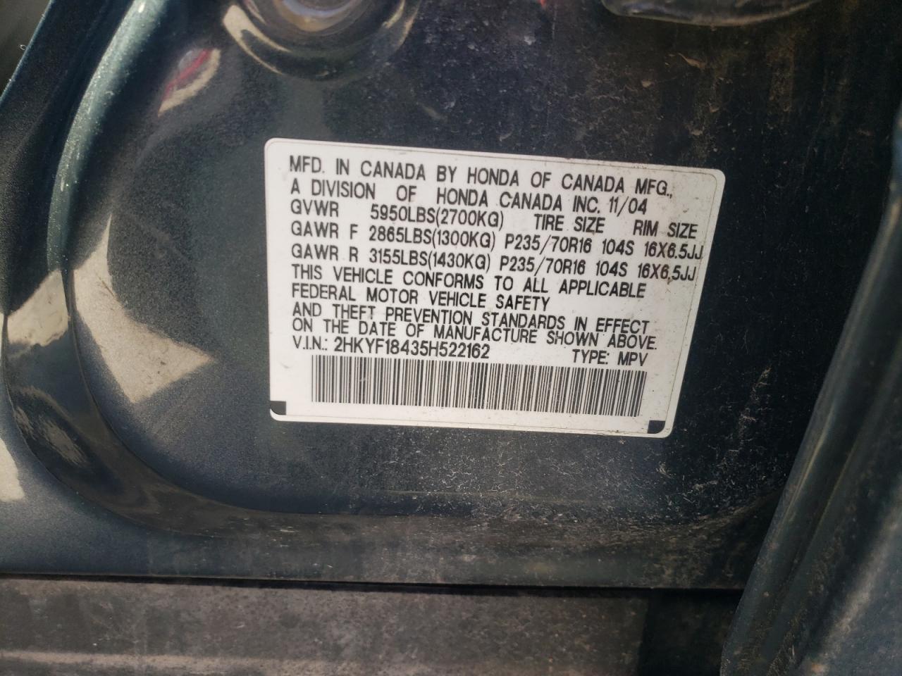 Photo 10 from auction – 2005 HONDA PILOT EX with VIN 2HKYF18435H522162
