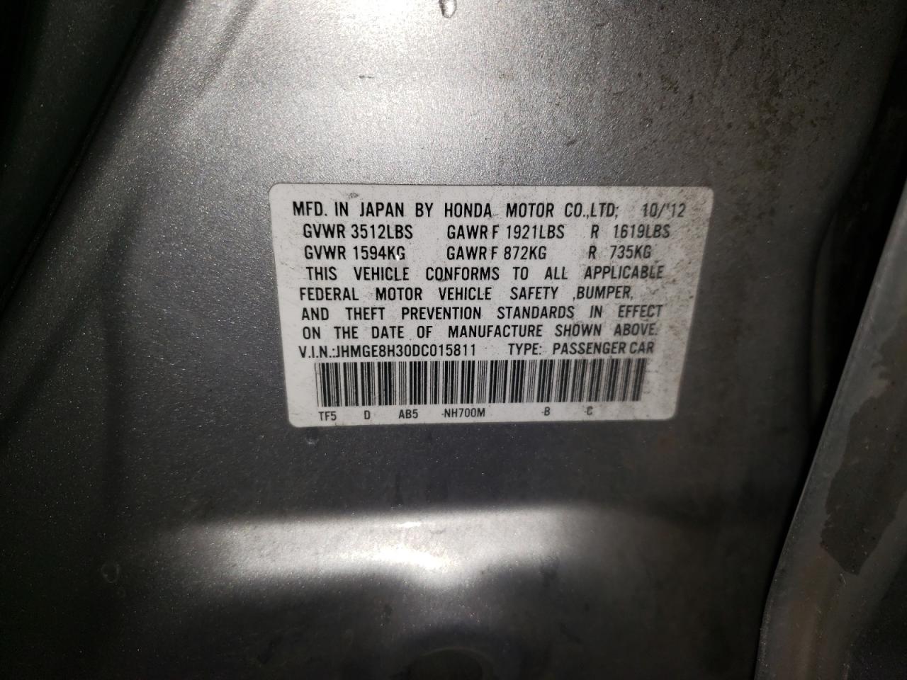 Photo 10 from auction – 2013 HONDA FIT with VIN JHMGE8H30DC015811