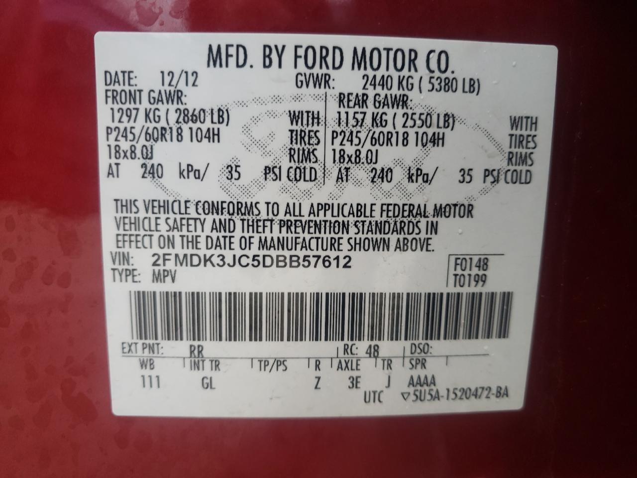 Photo 10 from auction – 2013 FORD EDGE SEL with VIN 2FMDK3JC5DBB57612