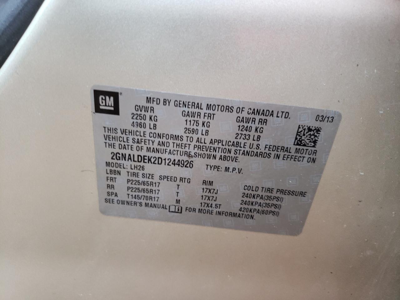 Photo 10 from auction – 2013 CHEVROLET EQUINOX LT with VIN 2GNALDEK2D1244926