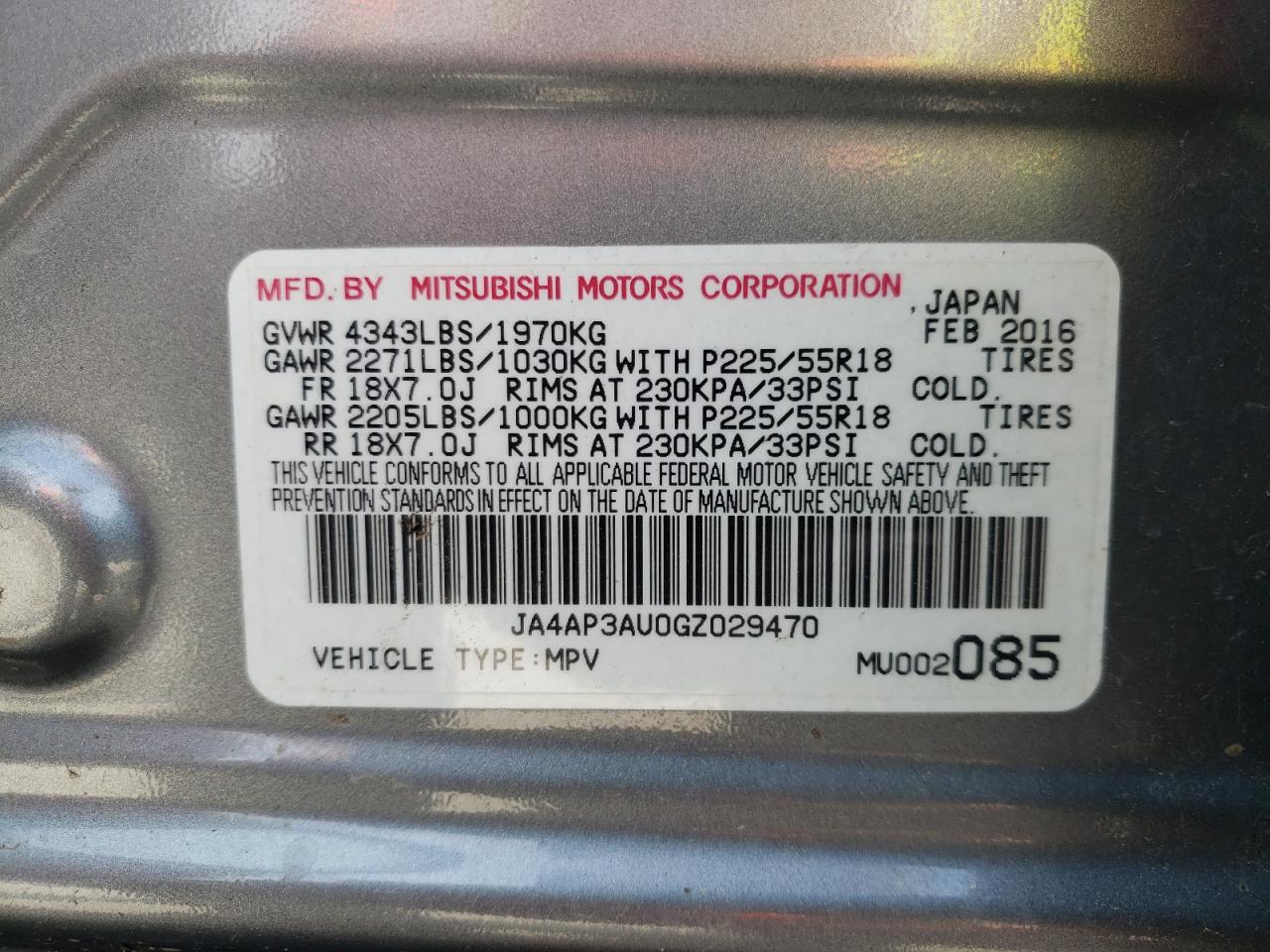 Photo 10 from auction – 2016 MITSUBISHI OUTLANDER with VIN JA4AP3AU0GZ029470