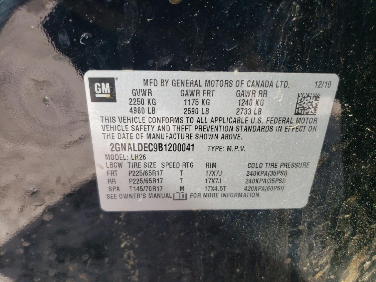 Photo 10 from auction – 2011 CHEVROLET EQUINOX LT with VIN 2GNALDEC9B1200041
