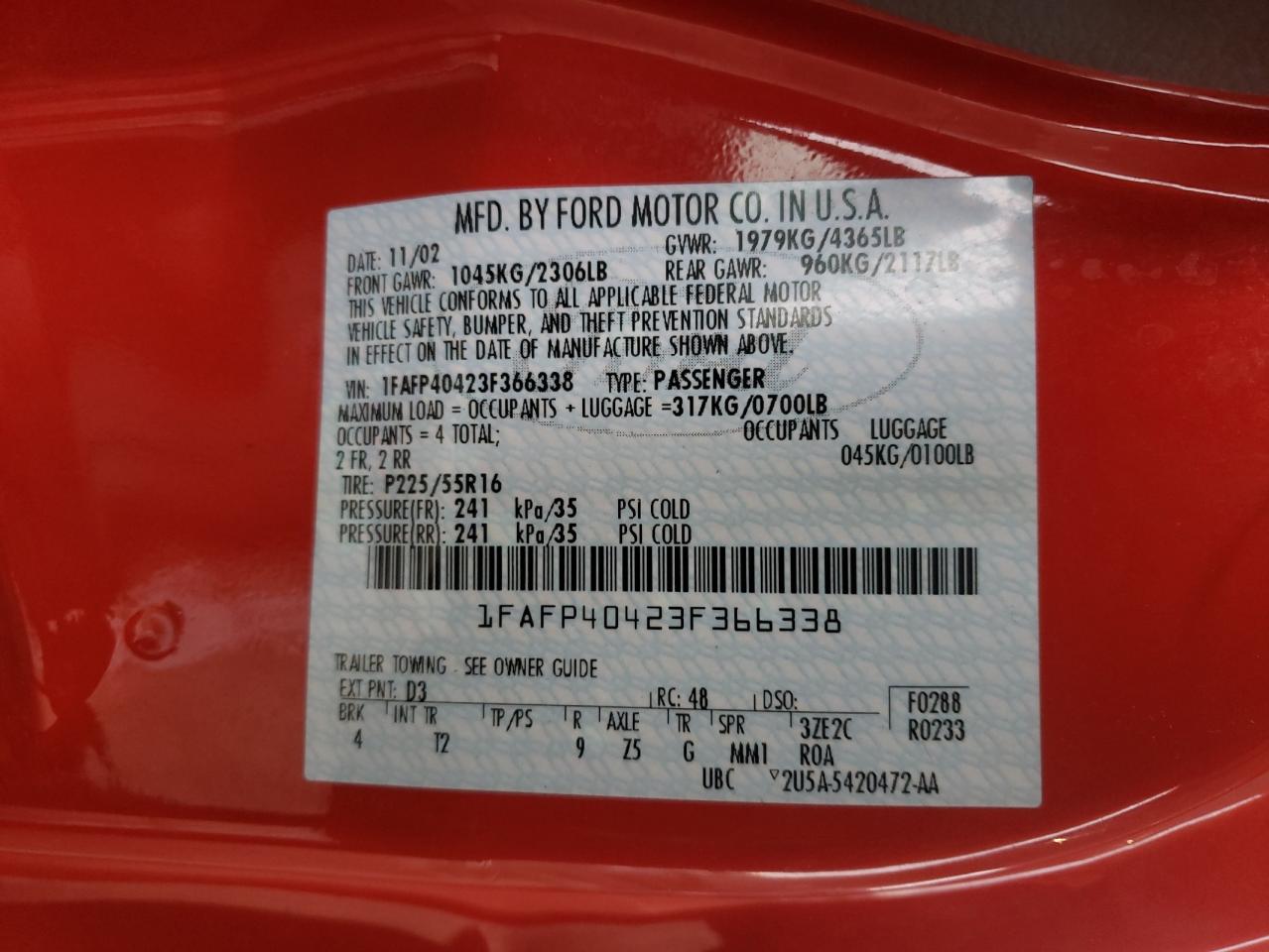 Photo 10 from auction – 2003 FORD MUSTANG with VIN 1FAFP40423F366338