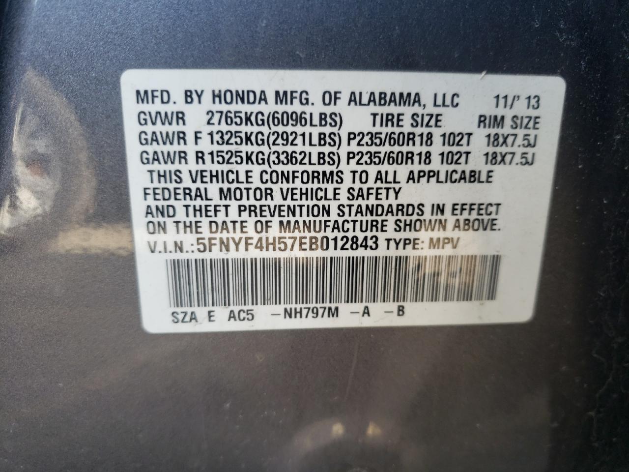 Photo 10 from auction – 2014 HONDA PILOT EXL with VIN 5FNYF4H57EB012843