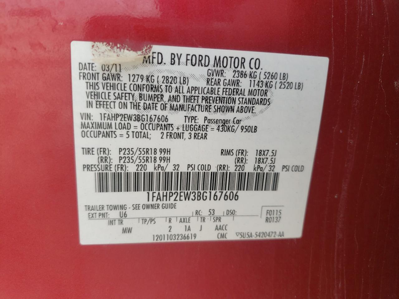 Photo 10 from auction – 2011 FORD TAURUS SEL with VIN 1FAHP2EW3BG167606