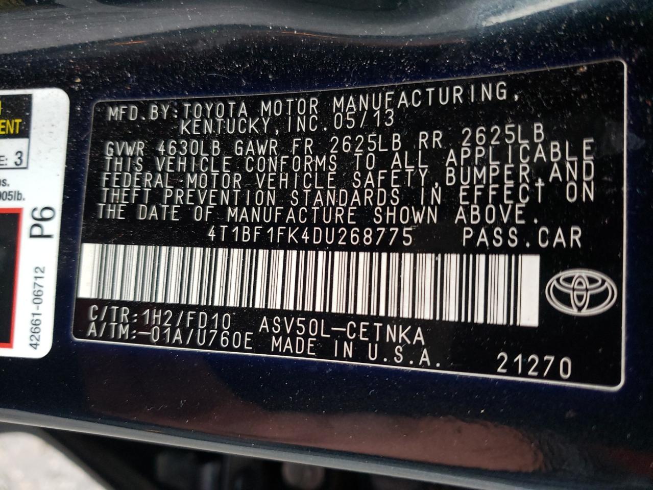 Photo 10 from auction – 2013 TOYOTA CAMRY L with VIN 4T1BF1FK4DU268775