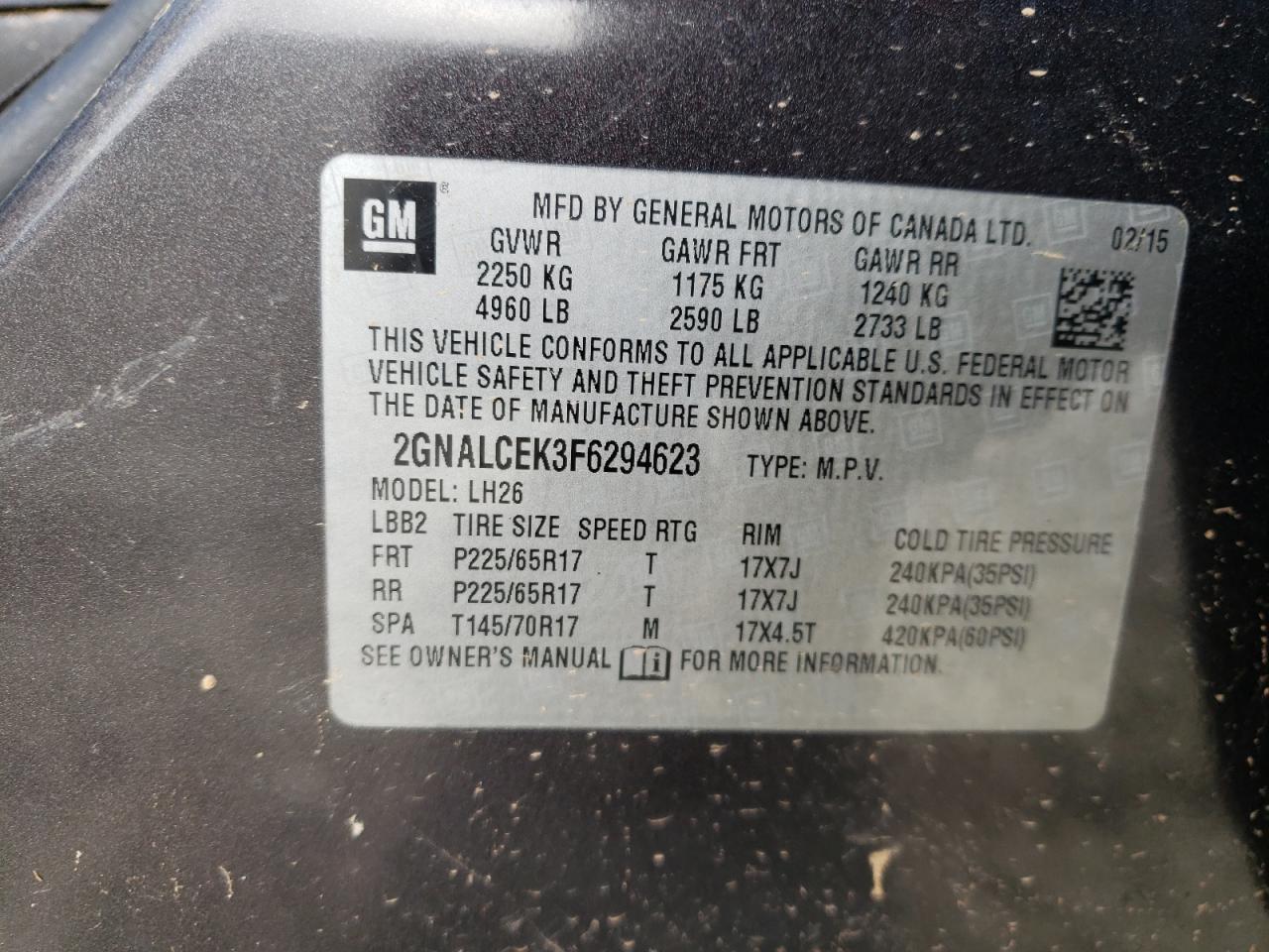 Photo 10 from auction – 2015 CHEVROLET EQUINOX LT with VIN 2GNALCEK3F6294623