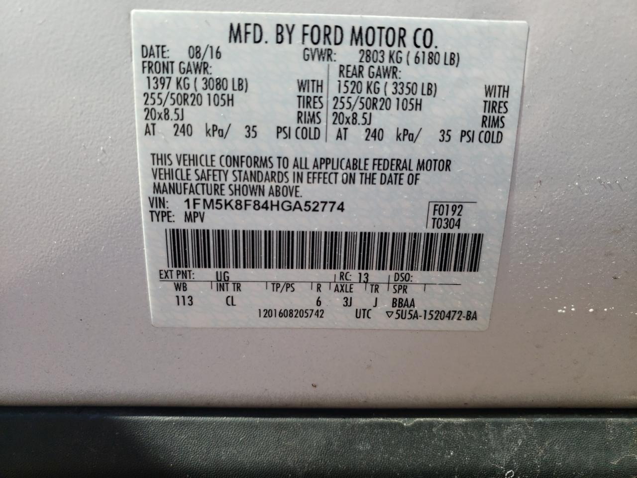 Photo 10 from auction – 2017 FORD EXPLORER L with VIN 1FM5K8F84HGA52774