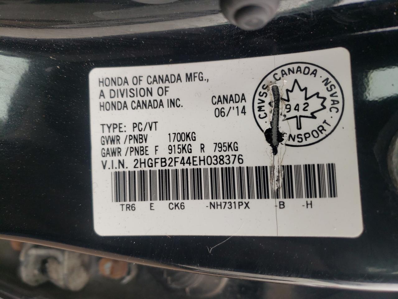 Photo 10 from auction – 2014 HONDA CIVIC LX with VIN 2HGFB2F44EH038376