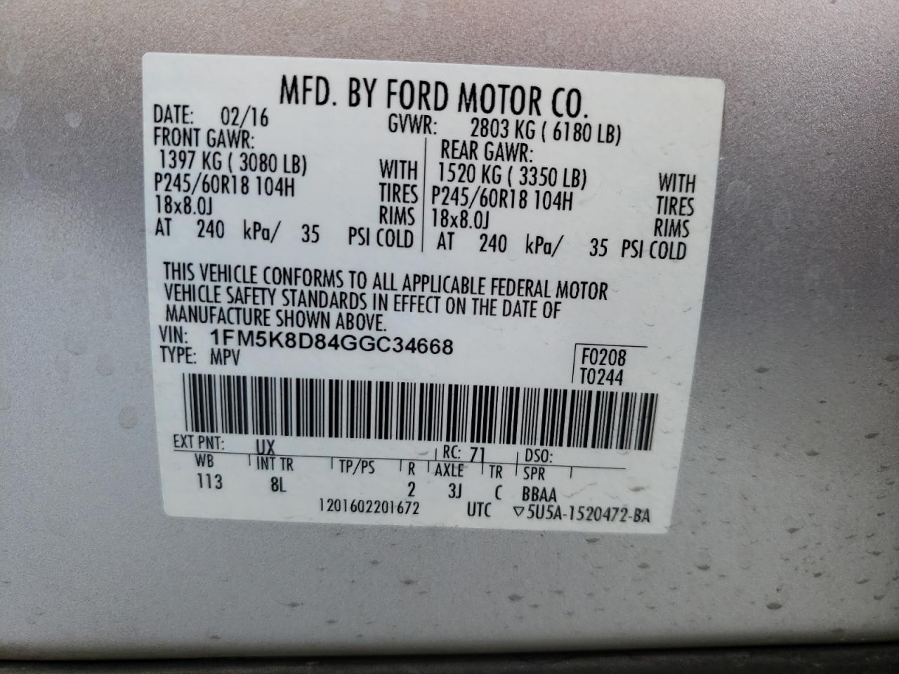 Photo 10 from auction – 2016 FORD EXPLORER X with VIN 1FM5K8D84GGC34668