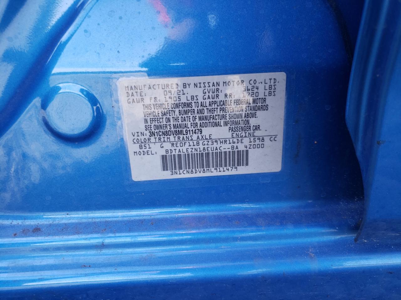 Photo 10 from auction – 2021 NISSAN VERSA S with VIN 3N1CN8DV8ML911479