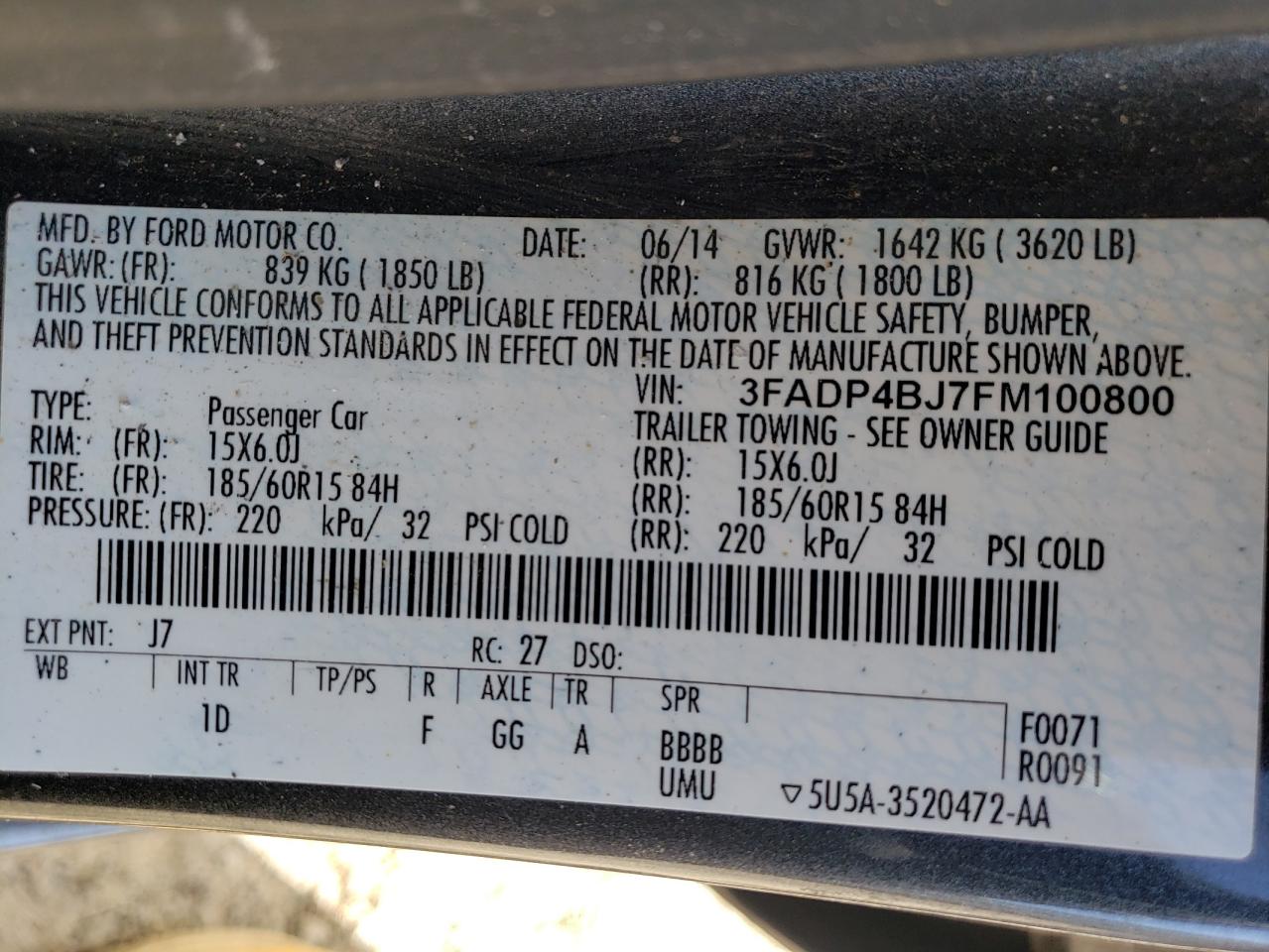 Photo 10 from auction – 2015 FORD FIESTA SE with VIN 3FADP4BJ7FM100800