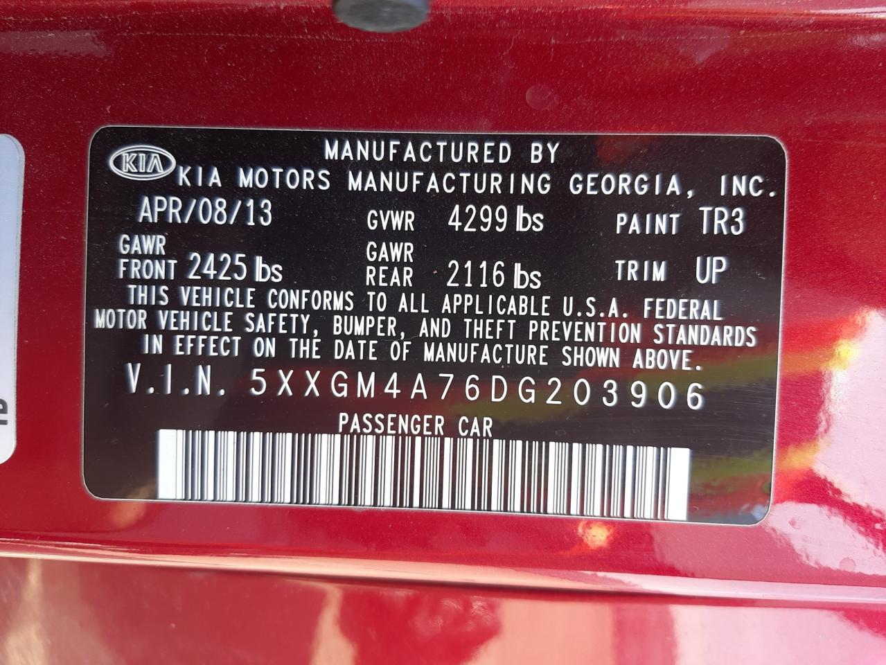 Photo 10 from auction – 2013 KIA OPTIMA LX with VIN 5XXGM4A76DG203906