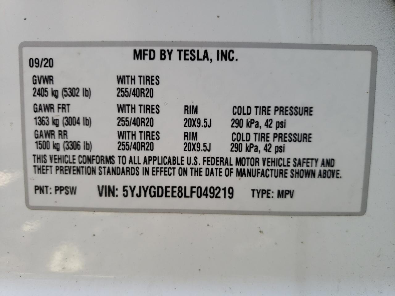Photo 10 from auction – 2020 TESLA MODEL Y with VIN 5YJYGDEE8LF049219