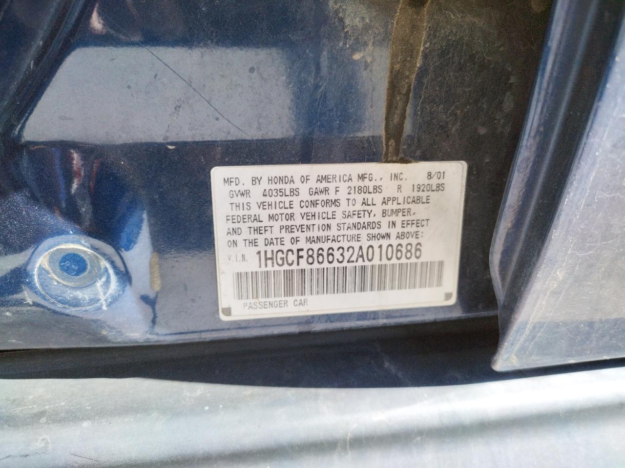 Photo 10 from auction – 2002 HONDA ACCORD VAL with VIN 1HGCF86632A010686