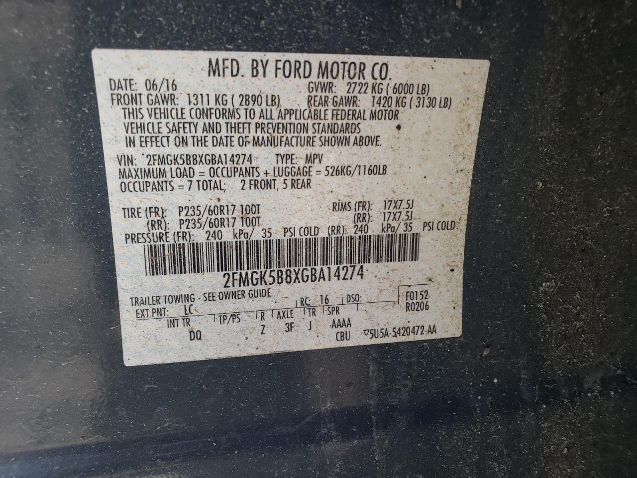 Photo 10 from auction – 2016 FORD FLEX SE with VIN 2FMGK5B8XGBA14274