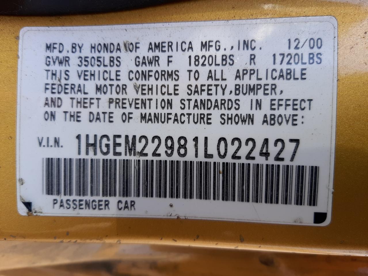 Photo 10 from auction – 2001 HONDA CIVIC SI with VIN 1HGEM22981L022427