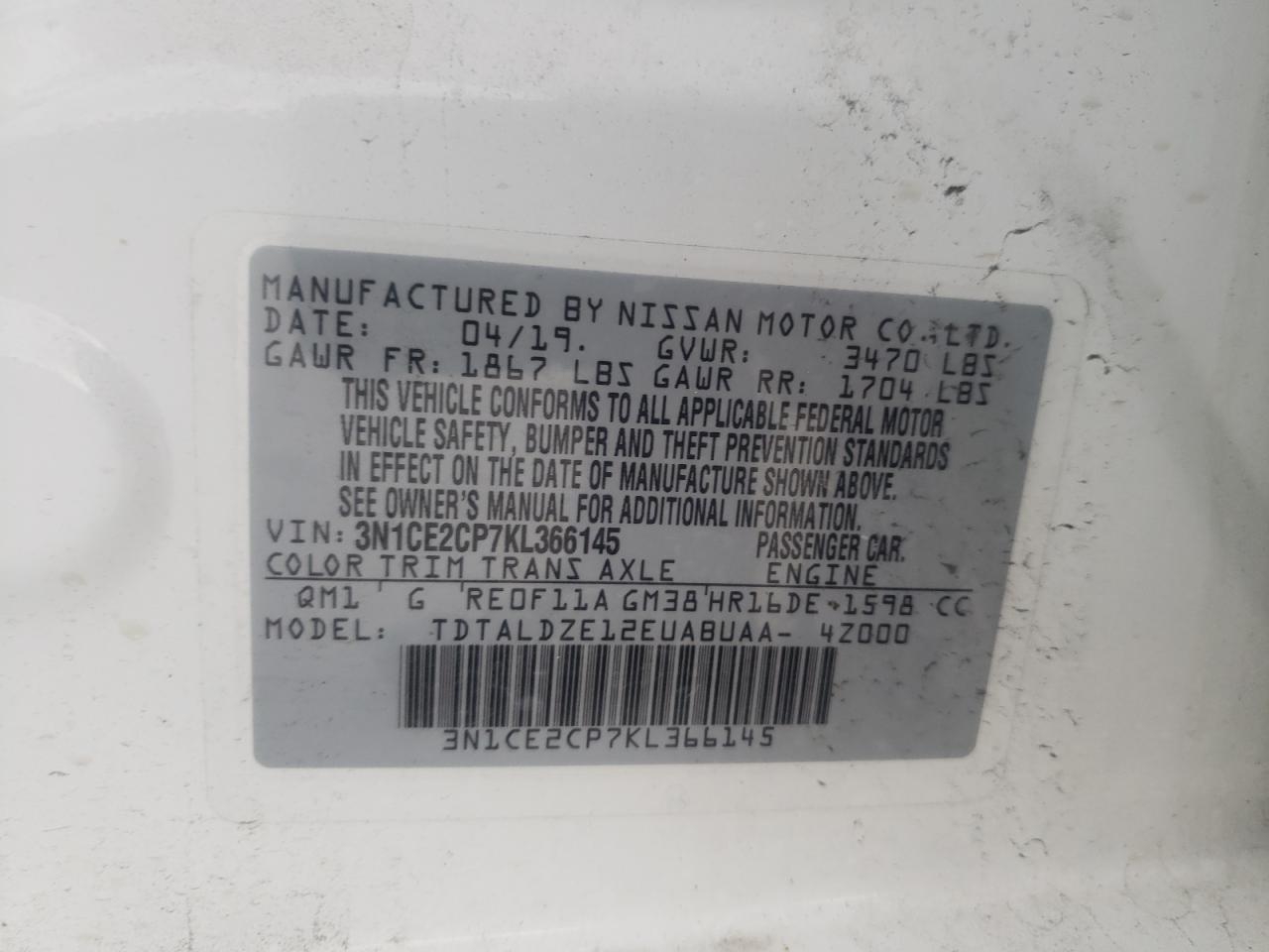 Photo 10 from auction – 2019 NISSAN VERSA NOTE with VIN 3N1CE2CP7KL366145
