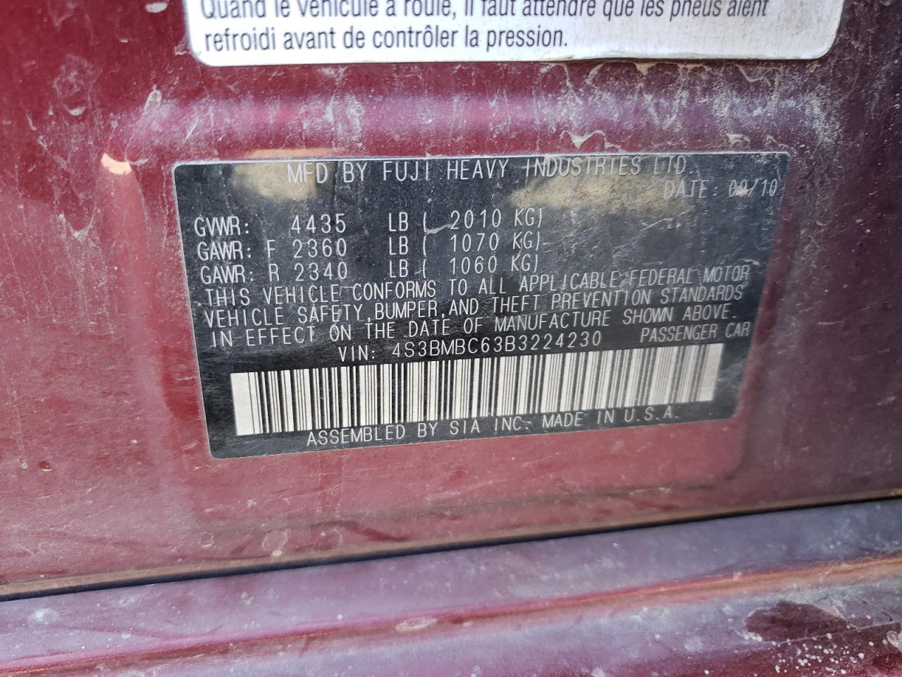 Photo 10 from auction – 2011 SUBARU LEGACY 2.5 with VIN 4S3BMBC63B3224230