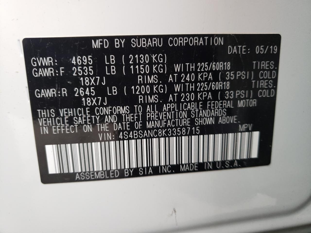 Photo 10 from auction – 2019 SUBARU OUTBACK 2. with VIN 4S4BSANC8K3358715