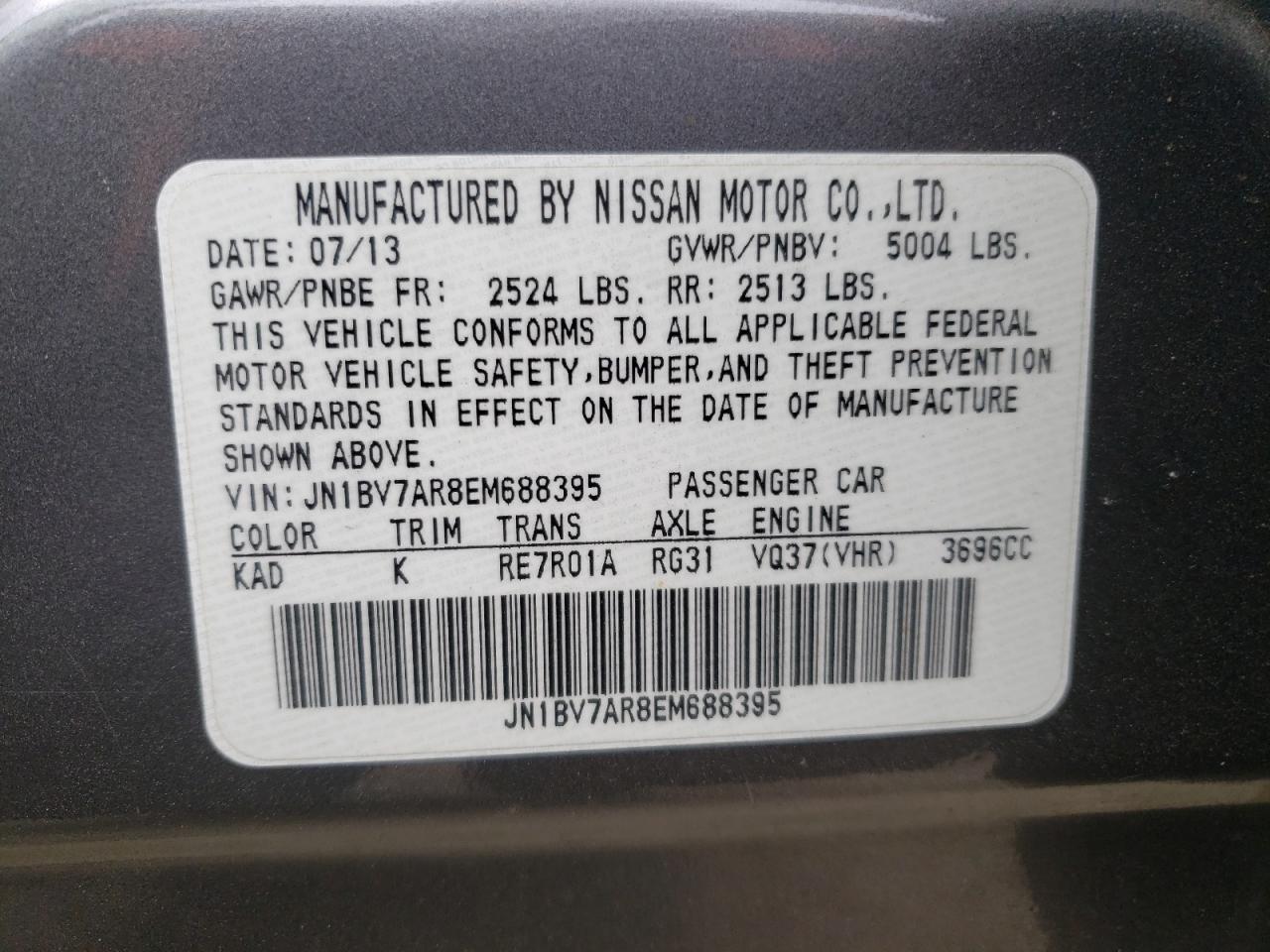 Photo 10 from auction – 2014 INFINITI Q50 BASE with VIN JN1BV7AR8EM688395