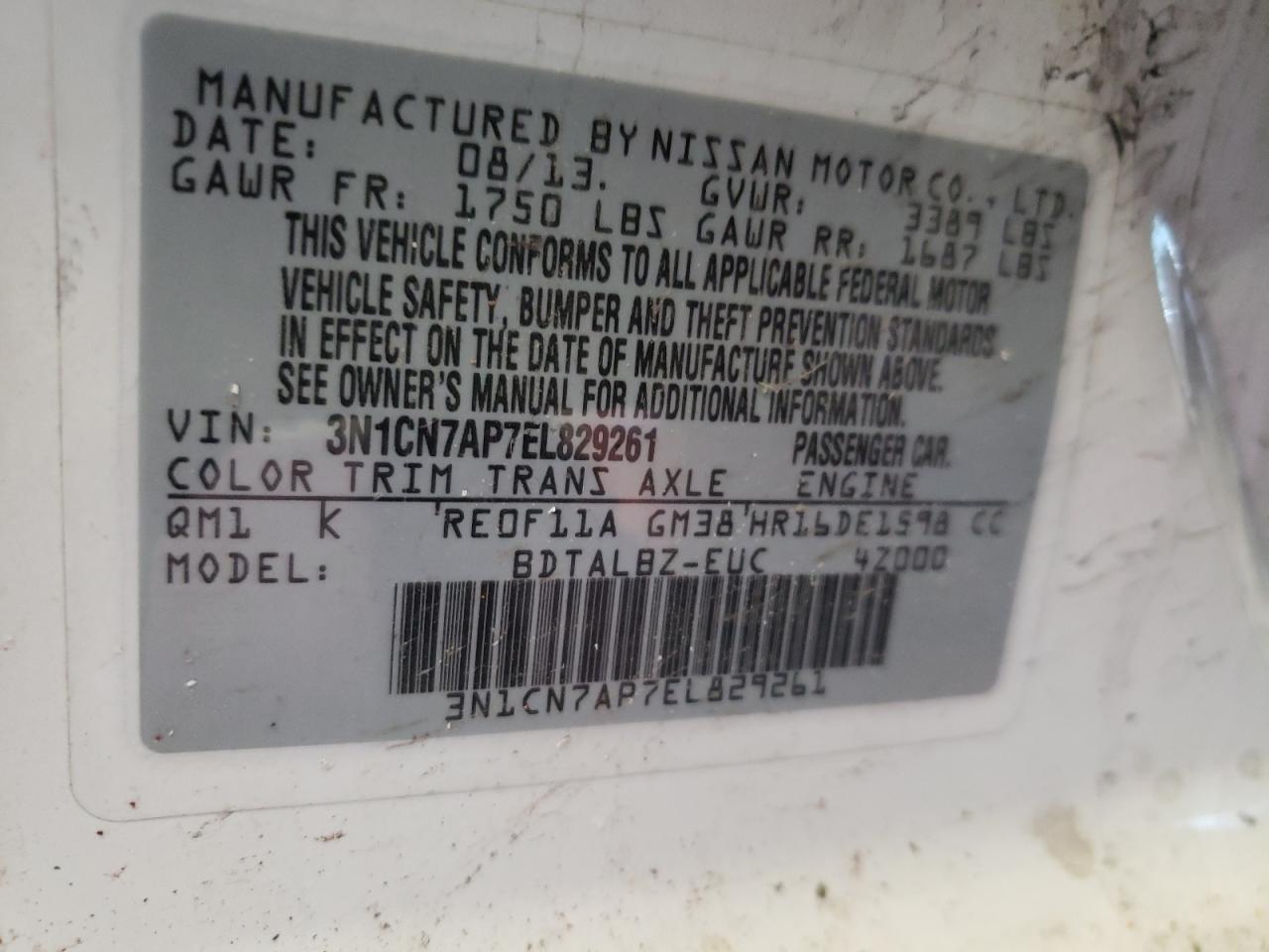Photo 10 from auction – 2014 NISSAN VERSA S with VIN 3N1CN7AP7EL829261
