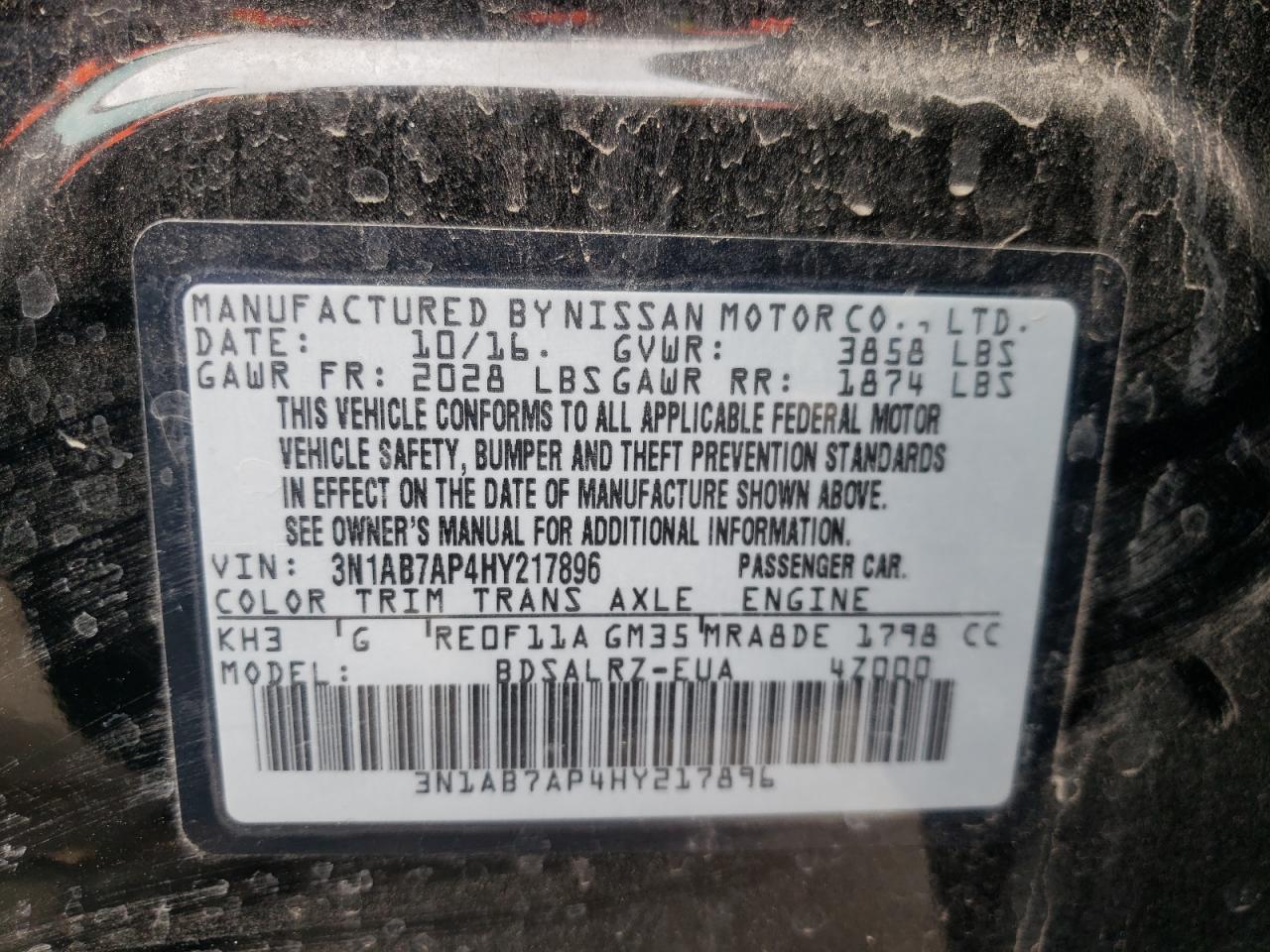 Photo 10 from auction – 2017 NISSAN SENTRA S with VIN 3N1AB7AP4HY217896