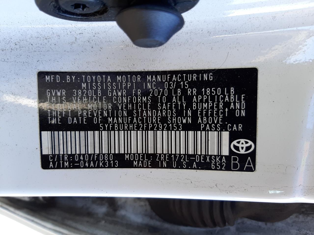 Photo 10 from auction – 2015 TOYOTA COROLLA L with VIN 5YFBURHE2FP292153