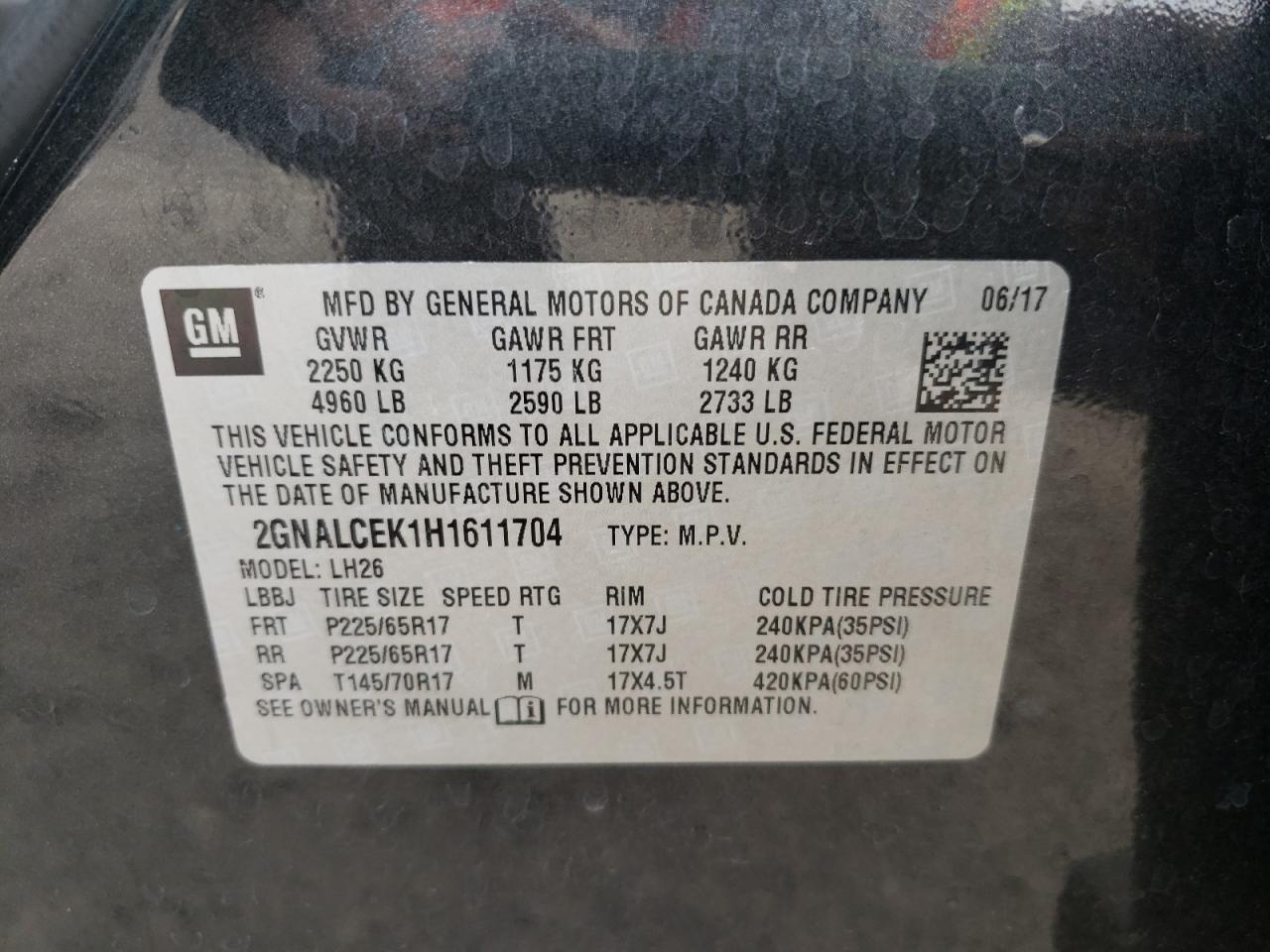 Photo 10 from auction – 2017 CHEVROLET EQUINOX with VIN 2GNALCEK1H1611704