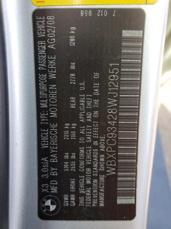 Photo 10 from auction – 2008 BMW X3 3.0SI with VIN WBXPC93428WJ12951