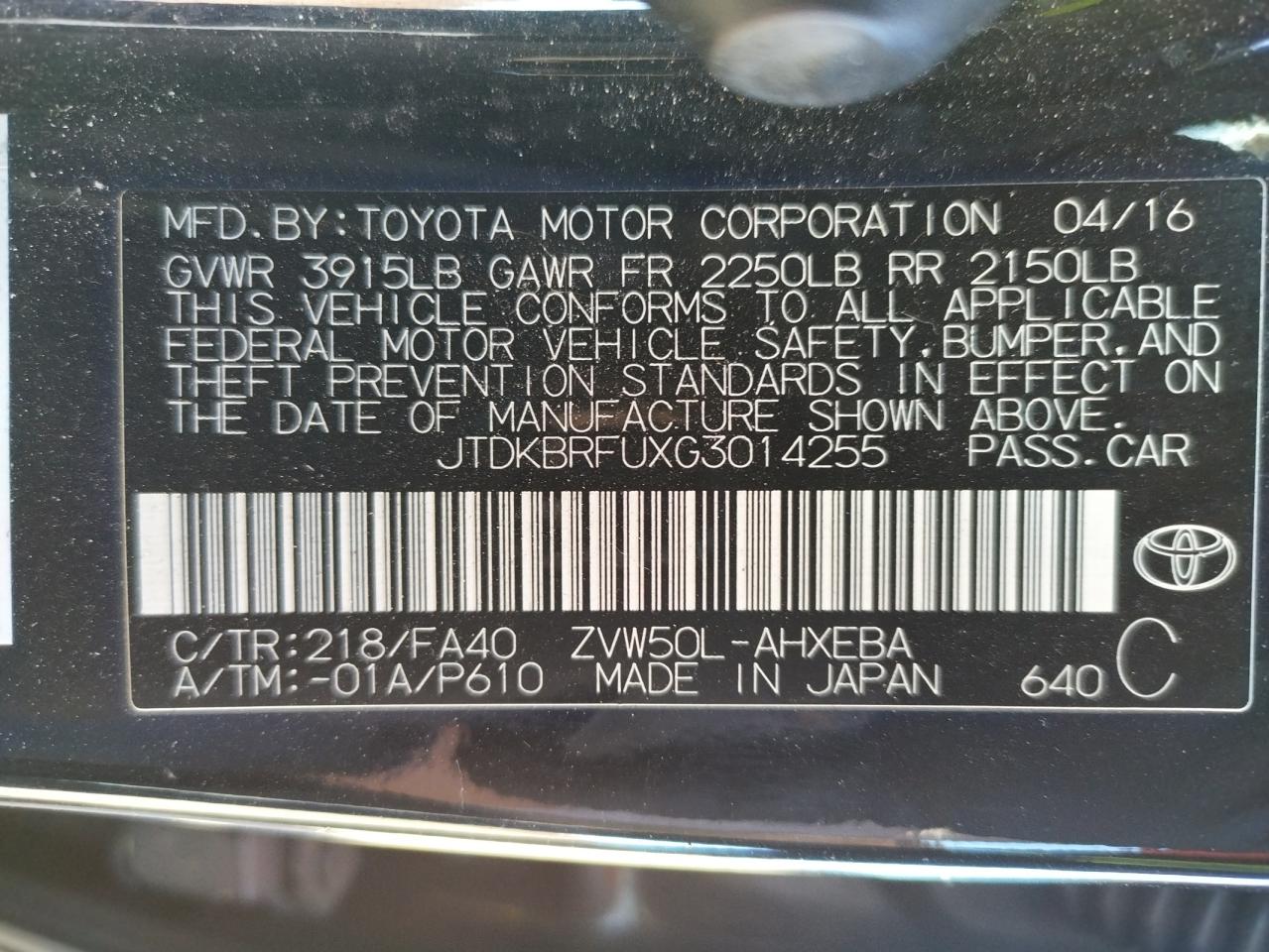 Photo 10 from auction – 2016 TOYOTA PRIUS with VIN JTDKBRFUXG3014255
