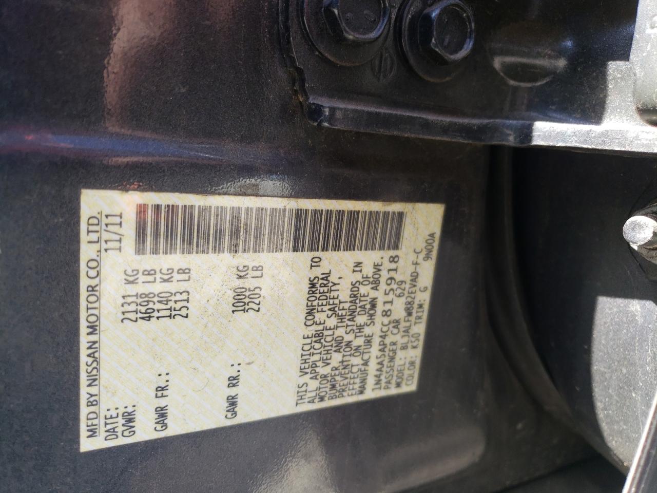 Photo 10 from auction – 2012 NISSAN MAXIMA S with VIN 1N4AA5AP4CC815918