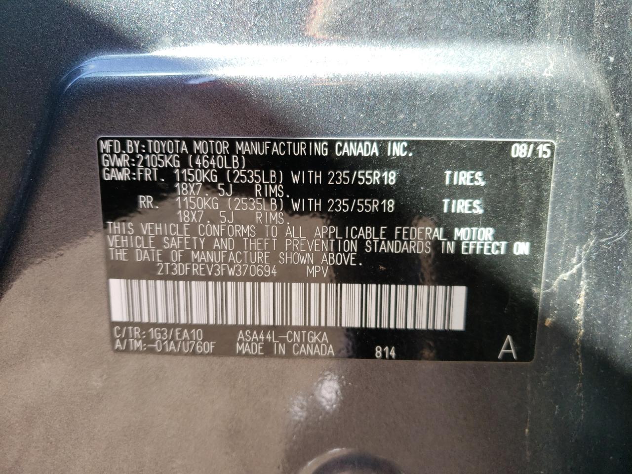 Photo 10 from auction – 2015 TOYOTA RAV4 LIMIT with VIN 2T3DFREV3FW370694