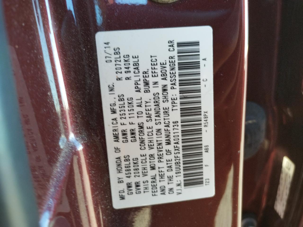 Photo 10 from auction – 2015 ACURA TLX TECH with VIN 19UUB2F5XFA001736