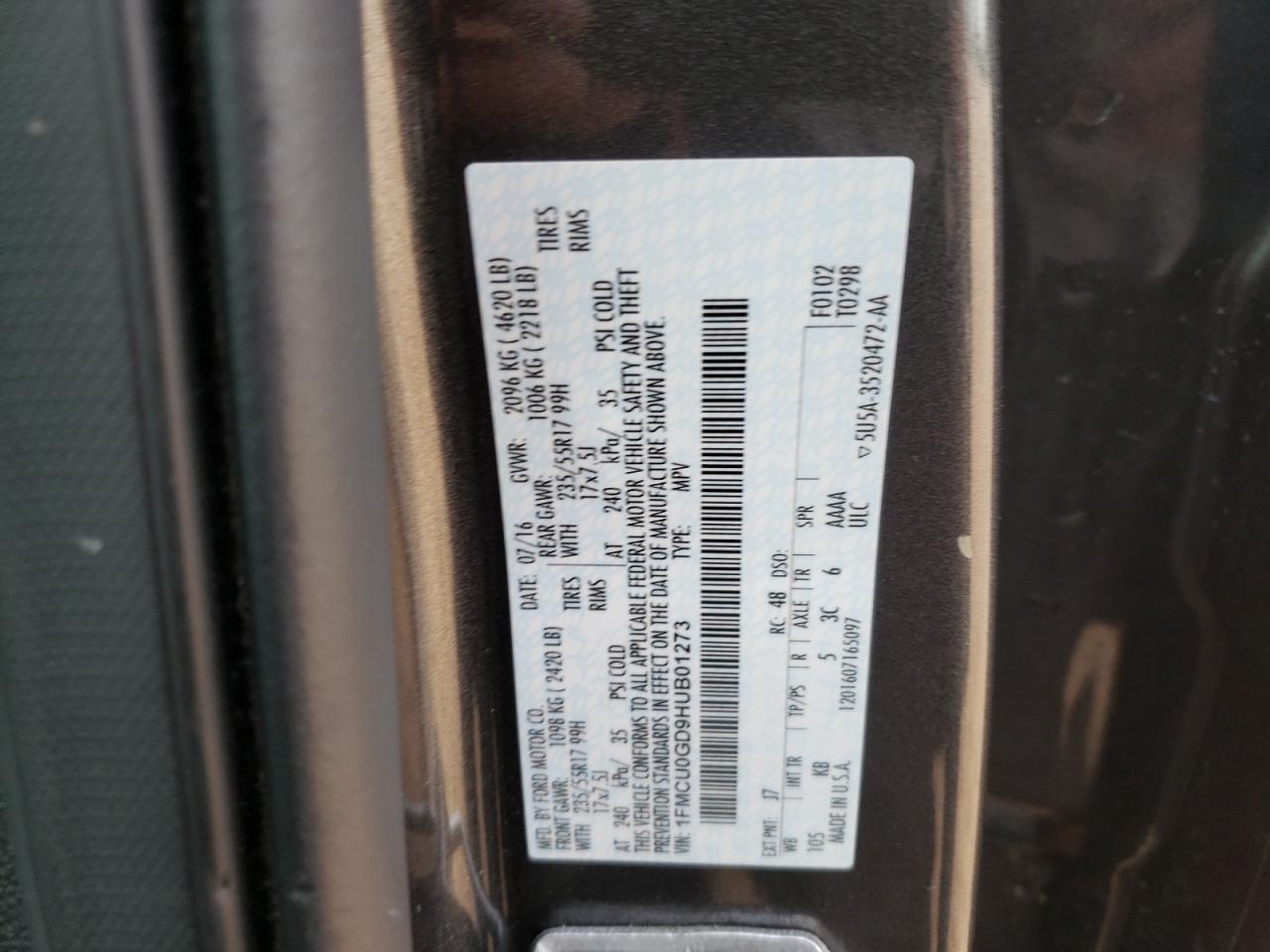 Photo 10 from auction – 2017 FORD ESCAPE SE with VIN 1FMCU0GD9HUB01273