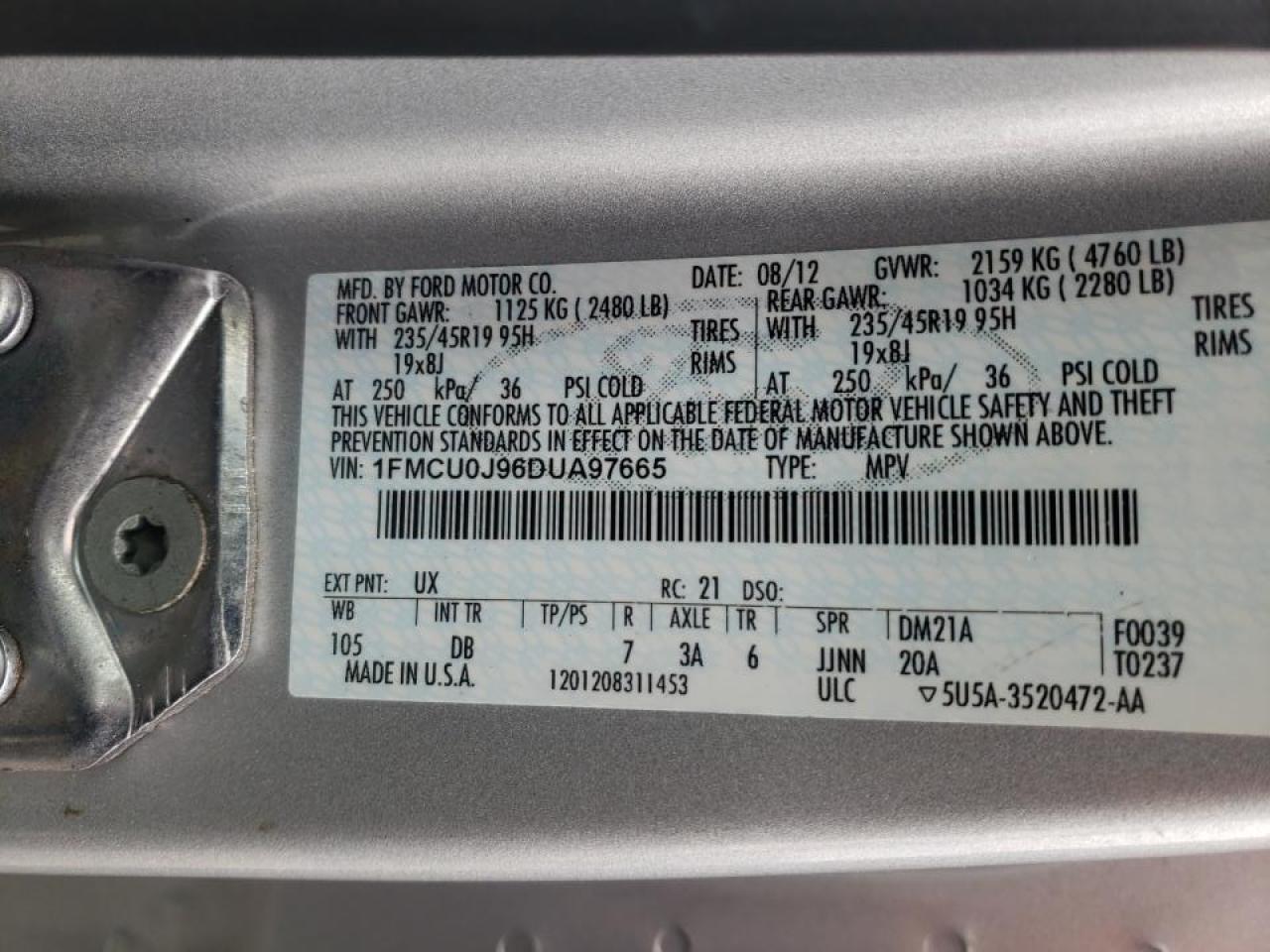 Zdjęcie 10 z aukcji – 2013 FORD ESCAPE TIT z VIN 1FMCU0J96DUA97665