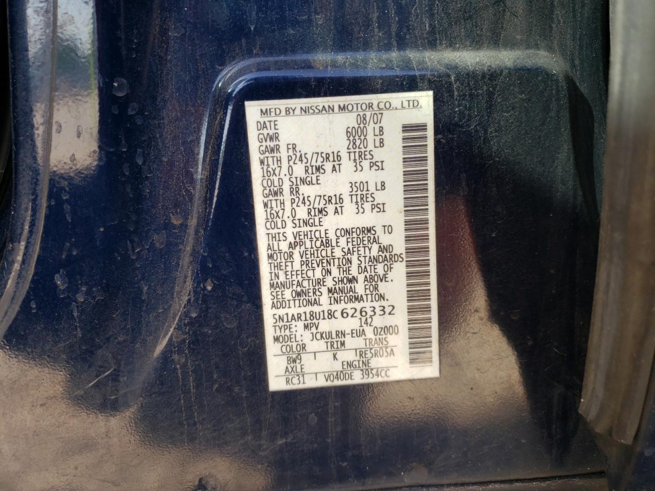 Photo 10 from auction – 2008 NISSAN PATHFINDER with VIN 5N1AR18U18C626332