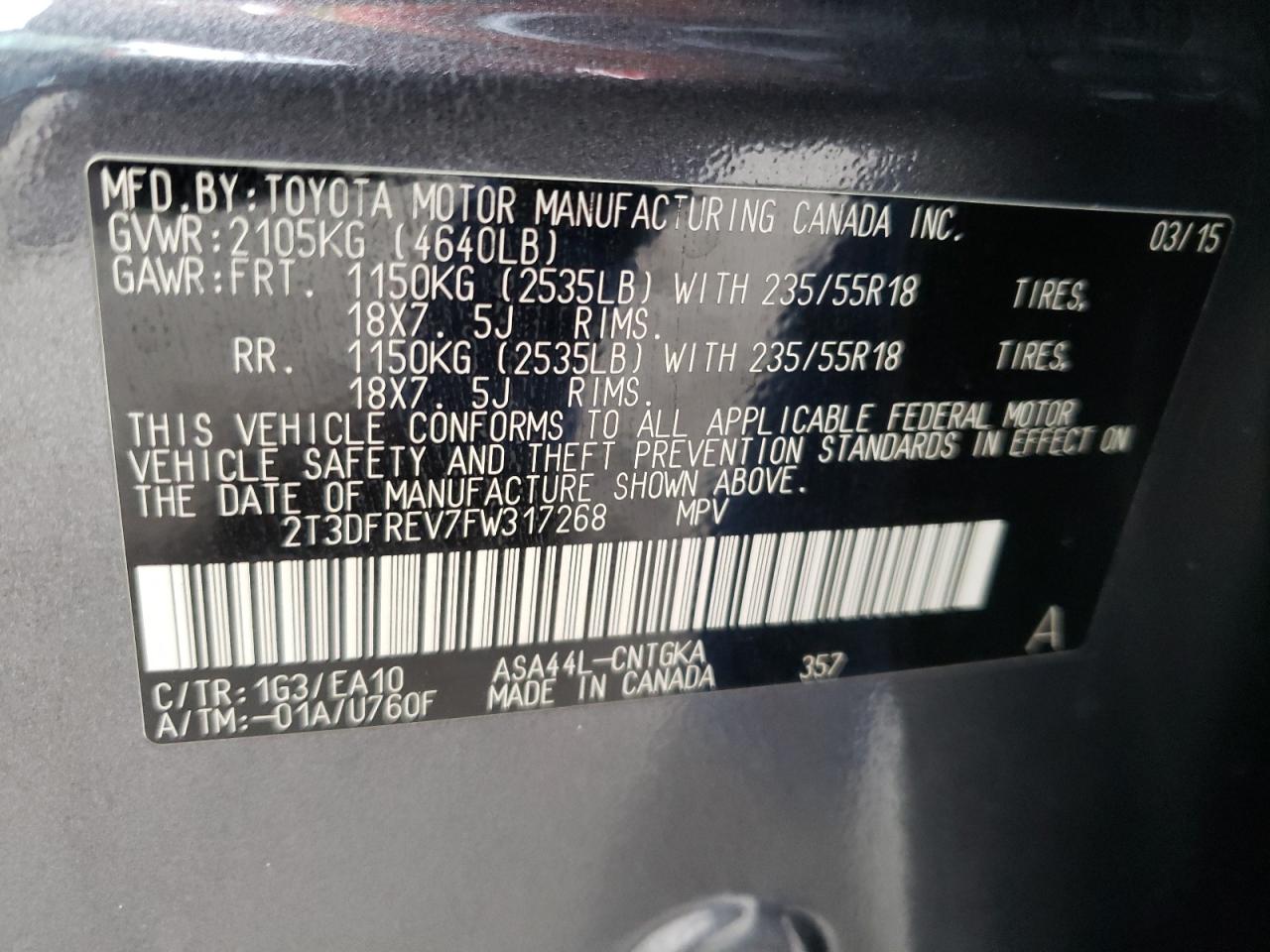 Photo 10 from auction – 2015 TOYOTA RAV4 LIMIT with VIN 2T3DFREV7FW317268