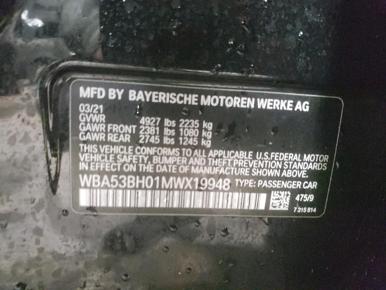 Photo 10 from auction – 2021 BMW 530 I with VIN WBA53BH01MWX19948