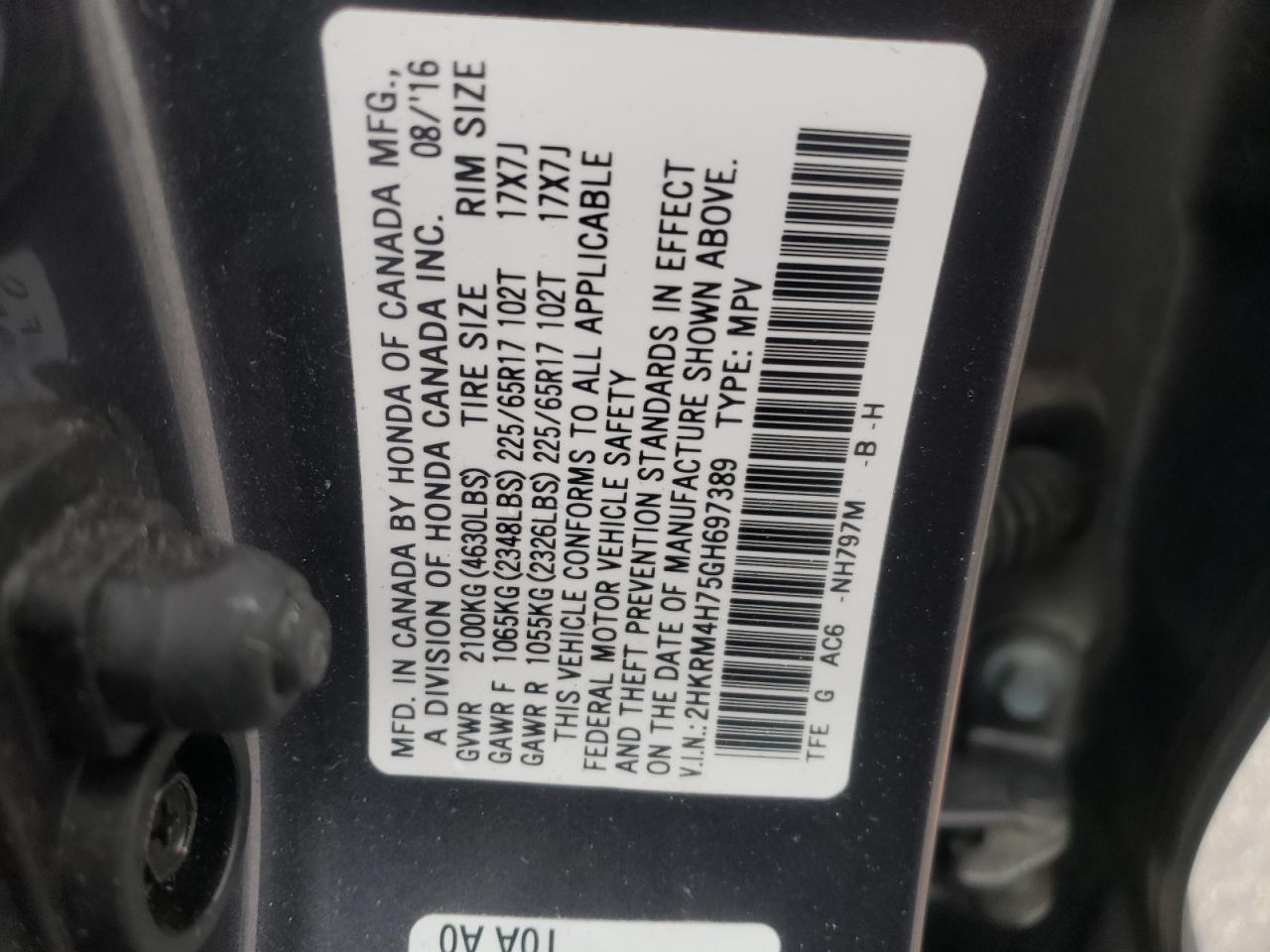 Photo 10 from auction – 2016 HONDA CR-V EXL with VIN 2HKRM4H75GH697389